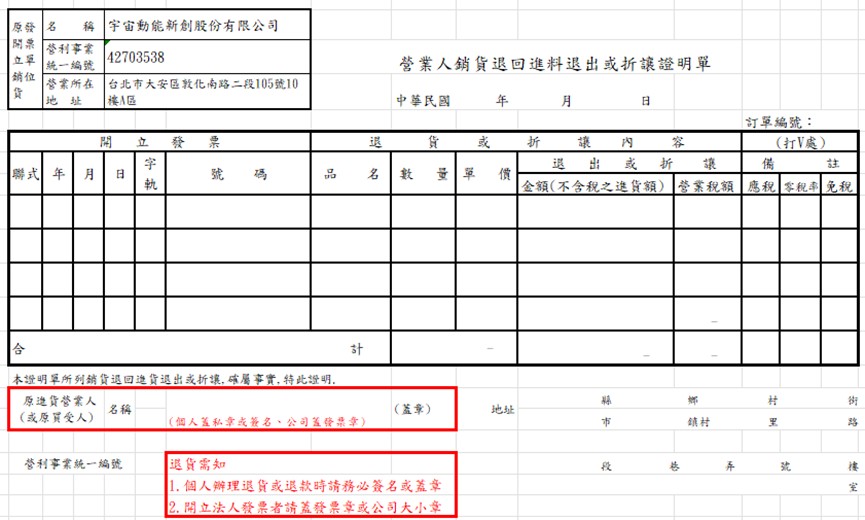銷貨退回折讓單範例